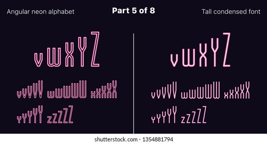 Condensed pink neon font, Angular. Vector typefaces set in outlined and filled styles, Part 5 of 8. Neon uppercase alphabet with narrow letters, numbers and symbols. For banner and display headlines