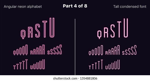 Condensed pink neon font, Angular. Vector typefaces set in outlined and filled styles, Part 4 of 8. Neon uppercase alphabet with narrow letters, numbers and symbols. For banner and display headlines