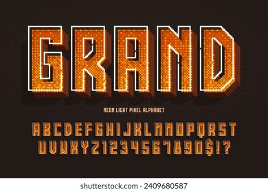 Condensed pixel neon alphabet design, stylized like in 8-bit games. High contrast and sharp, retro-futuristic. Easy swatch color control. 