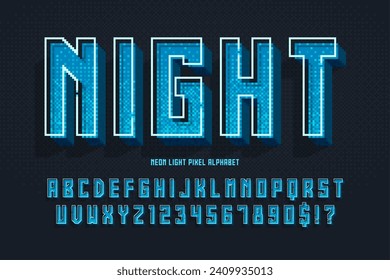 Condensed pixel neon alphabet design, stylized like in 8-bit games. High contrast and sharp, retro-futuristic. Easy swatch color control. 