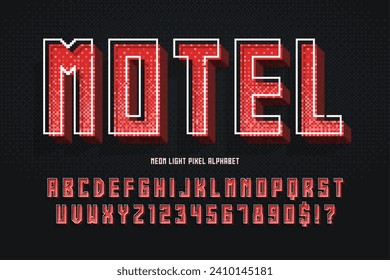 Condensed pixel neon alphabet design, stylized like in 8-bit games. High contrast and sharp, retro-futuristic. Easy swatch color control. 