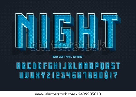Condensed pixel neon alphabet design, stylized like in 8-bit games. High contrast and sharp, retro-futuristic. Easy swatch color control. 