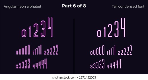 Condensed purple neon font, Angular. Vector typefaces in outlined and filled styles, Part 6 of 8. Neon uppercase alphabet with narrow letters, numbers and symbols. For banner and display headlines