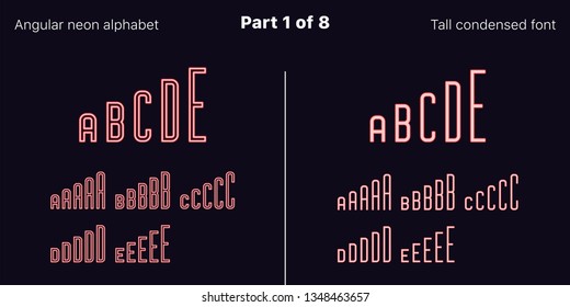 Condensed Red neon font, Angular. Vector typefaces in outlined and filled styles, Part 1 of 8. Neon uppercase alphabet with narrow letters, numbers and symbols. For banner and display headlines