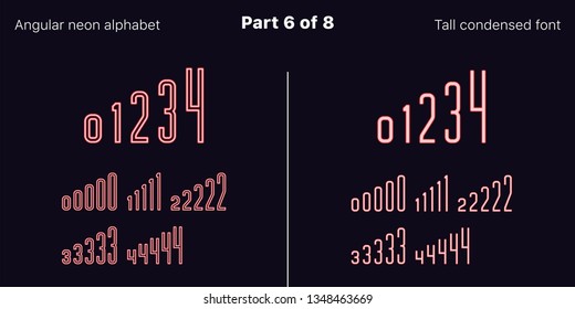 Condensed Red neon font, Angular. Vector typefaces in outlined and filled styles, Part 6 of 8. Neon uppercase alphabet with narrow letters, numbers and symbols. For banner and display headlines