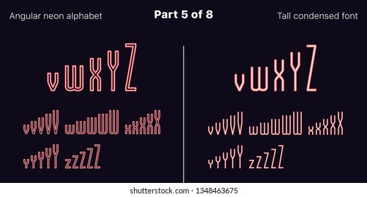 Condensed Red neon font, Angular. Vector typefaces in outlined and filled styles, Part 5 of 8. Neon uppercase alphabet with narrow letters, numbers and symbols. For banner and display headlines