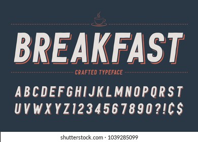 Condensed retro display font design, alphabet, character set, typeface, typography, letters and numbers. Swatch color control.