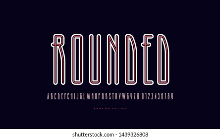 Condensed sans serif font with rounded corners and contour. Letters and numbers for logo and t-shirt design. Color print on black background
