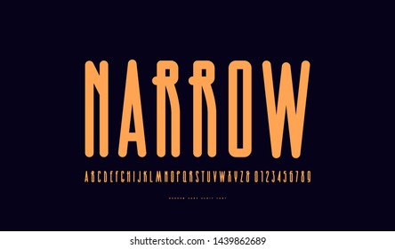 Condensed sans serif font with rounded corners. Letters and numbers for logo and label design. Yellow print on black background