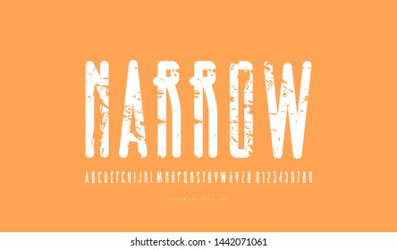 Condensed sans serif font with rounded corners. Letters and numbers with rough texture for logo and label design. White print on yellow background