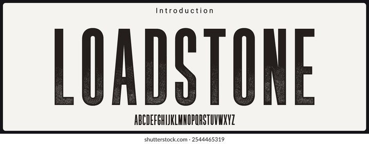 Condensed sans serif typeface. Alphabet vector font with unique texture. Rough and grunge style vector font.