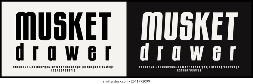 Condensed sans serif vector font. Alphabet vector with uppercase, lowercase, and number. Tall and bold typography.