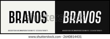 Condensed sans serif vector font. Alphabet with uppercase and number