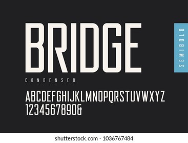 Condensed semibold retro sans serif. Vector typefaces, uppercase alphabet with letters and numbers, font, typography. Global swatches.