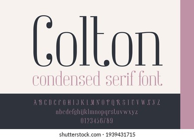 Condensed serif alphabet and numbers set. Perfect to use in elegant branding, luxury label, wedding invitation, classic layout and more.