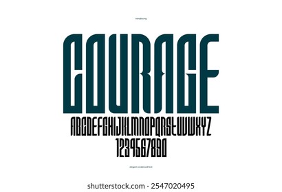 Condensed simple sans serif elegant display font for logos headers or slogans, vector tall and beautiful geometric typeface, uppercase letters alphabet with numbers, poster and advertising.