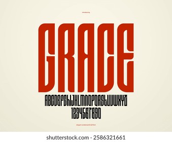 Condensed simple sans serif elegant display font for logos headers or slogans, vector tall and beautiful geometric typeface, uppercase letters alphabet with numbers, poster and advertising.