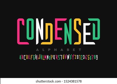 Condensed style font, alphabet letters and numbers, vector illustration