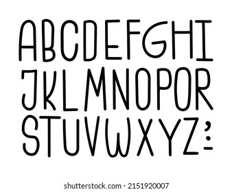 Condensed tall hand drawn alphabet. Narrow doodle abc letters. Vector sketchy typography isolated on white background. Minimal compressed simple font with line high thin characters. Punctuation marks.