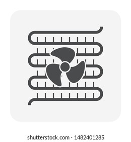 Condenser coil vector icon. Copper or aluminium tubes, fan for hold refrigerant, gas pressure in air compressor unit part of ductless mini split system of heating ventilation, air conditioning HVAC.