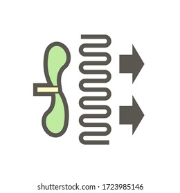 Condenser coil vector icon. Copper or aluminium tubes, fan, for hold refrigerant, gas pressure in air compressor unit part of ductless mini split system of heating ventilation, air conditioning HVAC.