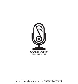 Condenser Microphone with musical note and record button. Podcast music logo design template.  Vector illustration isolated on white color background