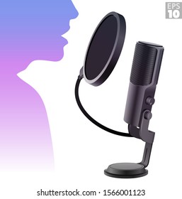 Condenser microphone with pop filter and stand used by a person for voice-overs or podcast vocal recordings.