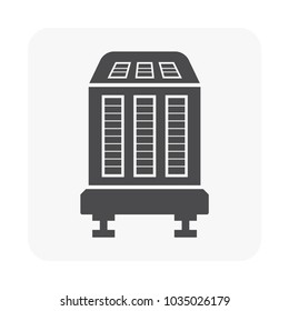 Condenser unit or compressor vector icon. Outside part of air conditioner (AC) or air conditioning HVAC system. Temperature control technology to heat ventilation by fan for cooling home or building.