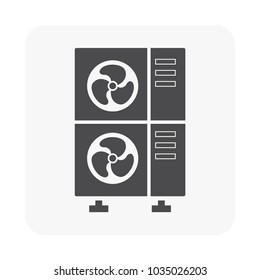 Condenser unit or compressor vector icon. Outside part of air conditioner (AC) or air conditioning HVAC system. Temperature control technology to heat ventilation by fan for cooling home or building.