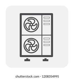 Condenser unit or compressor vector icon. Outside part of air conditioner (AC) or air conditioning HVAC system. Temperature control technology to heat ventilation by fan for cooling home or building.