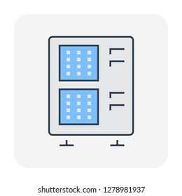 Condenser unit or compressor vector icon. Outside part of air conditioner (AC) or air conditioning HVAC system. Temperature control technology to heat ventilation by fan for cooling home or building.