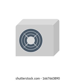 Condenser unit or compressor vector icon. Outside part of air conditioner (AC) or air conditioning HVAC system. Temperature control technology to heat ventilation by fan for cooling home or building.