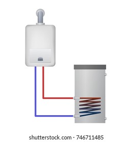 The condensing boiler heats the water for the tank. Vector illustration. Household equipment.