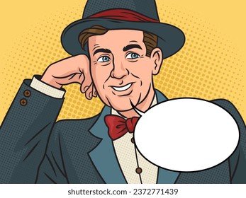 Condescending sarcasm businessman man meme with blank text bubble pop art retro vector illustration. Comic book style imitation.
