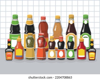 Botella de condimento y botella de salsa montada en la línea de gráfica Seamless con ilustración vectorial de fondo blanco