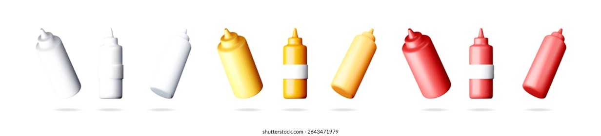 Condicionar garrafa definir estilo 3d. Garrafa de aperto vermelho, amarelo e branco para o conceito de molho, ketchup e mostarda. Para design de alimentos.
