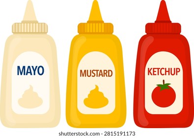 Condiment bottle set with mayonnaise mustard and ketchup packaging isolated