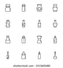 Conjunto de iconos de línea de botellas acondicionadas, colección de símbolos de vector de contorno, paquete de pictogramas de estilo lineal. Señales, ilustración del logotipo. El juego incluye íconos como frasco de condimento y especias, botellas de ketchup, mayo, mostaza