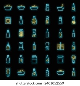 Condiment food icons set. Outline set of condiment food vector icons neon color on black