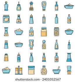 Condiment food icons set. Outline set of condiment food vector icons thin line color flat on white