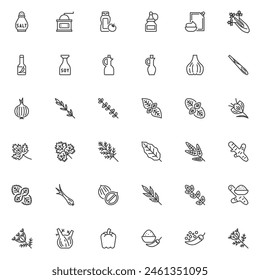 Condiment and herbs line icons set. linear style symbols collection, outline signs pack. Cooking Herbs and Spices vector graphics. Set includes icons as salt, pepper seasoning, ketchup, curry powder