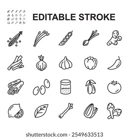Conjunto de ícones de condição. Vetor de linha fina. Contém ícones de especiarias, como cebolas, limão, gengibre, açúcar granulado e outros.