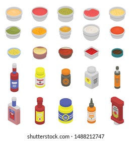 Condiment icons set. Isometric set of condiment vector icons for web design isolated on white background