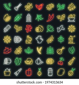 Condiment icons set. Outline set of condiment vector icons neon color on black