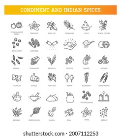 Condiment icons set. Outline set of condiment vector icons