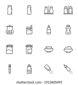 Condiment sauce bottles line icons set, outline vector symbol collection, linear style pictogram pack. Signs, logo illustration. Set includes icons as ketchup, mustard, salt and pepper shaker, flour