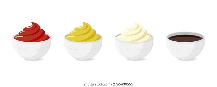 Condiment sauce set. Realistic 3d bowls with mayonnaise, ketchup, mustard and soy sauce. Vector dressing collection with spicy tomato, creamy mayo and asian soya dips for restaurant menu mockups.
