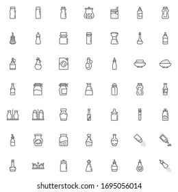 Condiment sauces line icons set. Spices bottles linear style symbols collection, outline signs pack. vector graphics. Set includes icons as olive oil, mustard mayonnaise ketchup, jalapeno pepper sauce