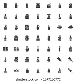 Condiment sauces vector icons set, modern solid symbol collection, filled style pictogram pack. Signs, logo illustration. Set includes icons as Spices bottles, mustard, mayonnaise, ketchup, peper