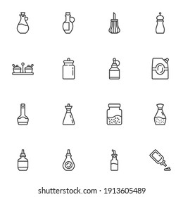 Condiment and spices line icons set, outline vector symbol collection, linear style pictogram pack. Signs, logo illustration. Set includes icons as olive oil bottle, sugar shaker, ketchup, mustard